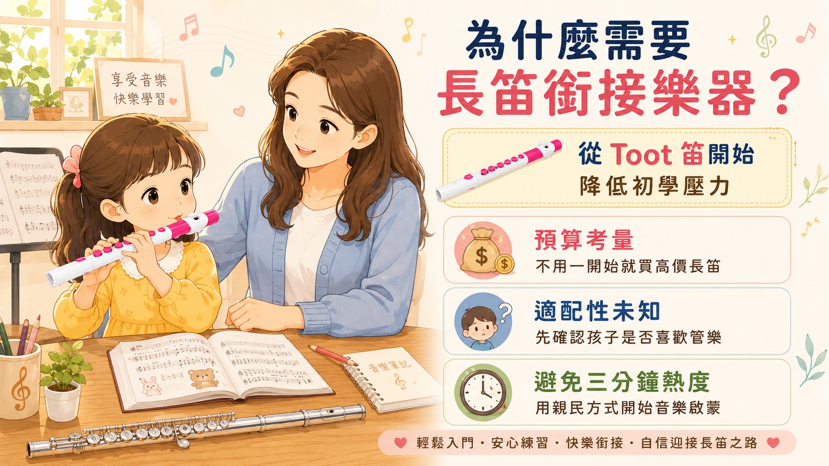 孩子使用長笛銜接樂器進行幼兒長笛啟蒙練習